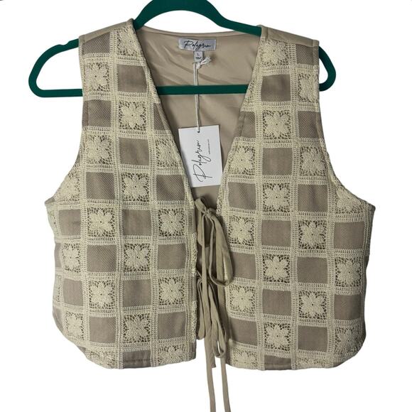 Polagram Taupe Crochet Embroidered Vest Sz L Boho Western Quilted Back NWT - Picture 1 of 7